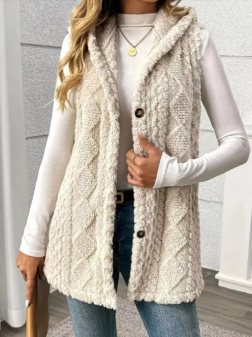 Apricot plush hooded vest coat with button front and quilted texture, sleeveless