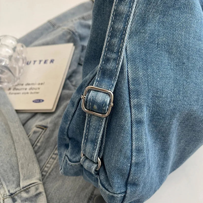 Denim shoulder bag adjustable strap with metal buckle and D-ring hardware