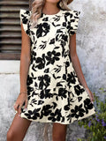 Cream black-floral mini dress with ruffle cap sleeves and tiered skirt