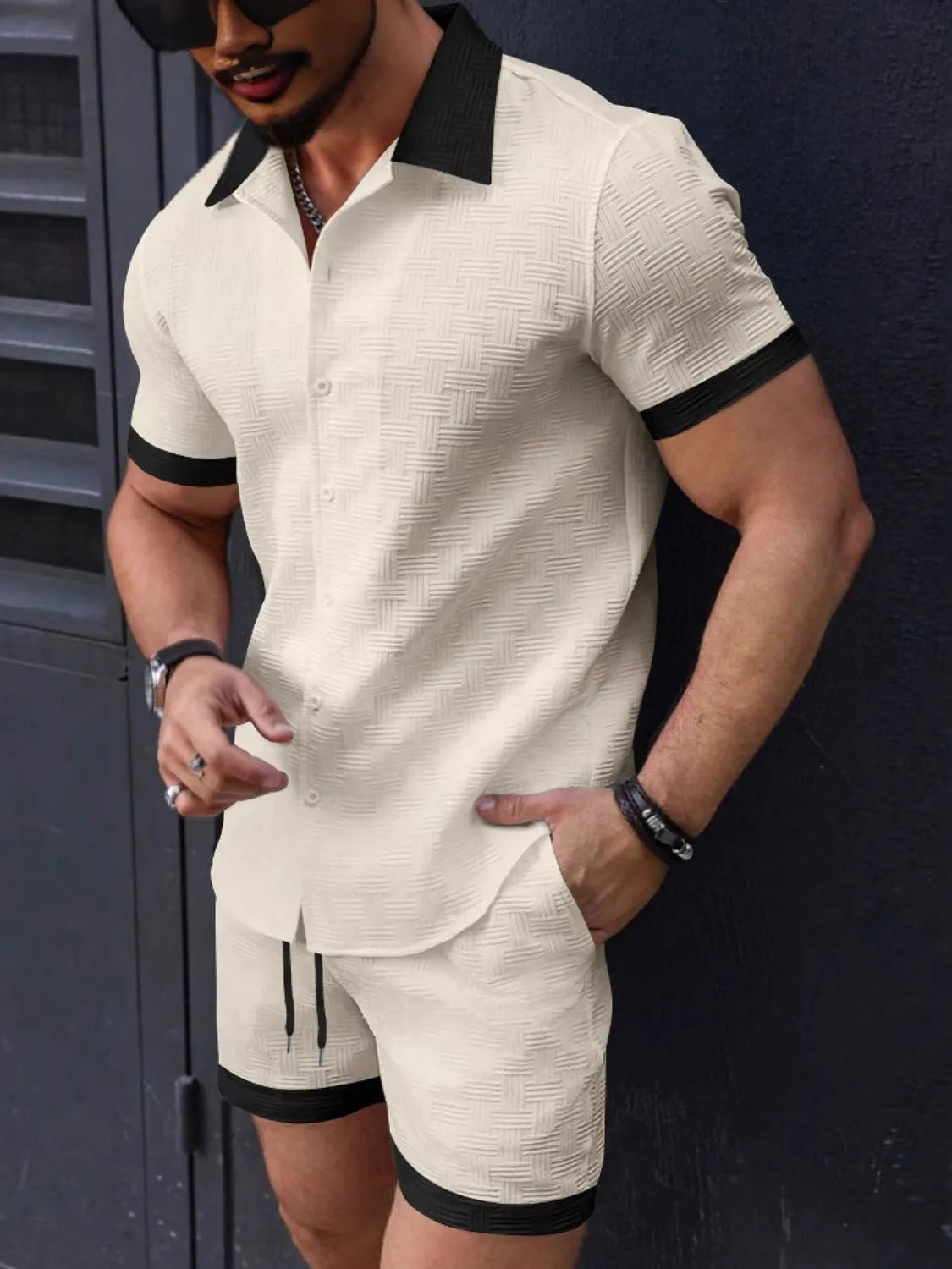 Men's tan short-sleeve button shirt and matching shorts set, subtle textured fabric