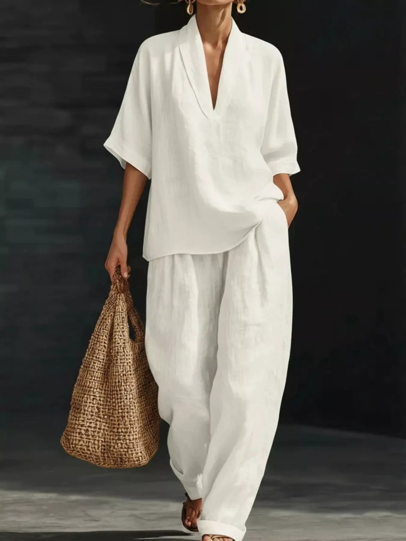 White half-sleeve V-neck loose top and matching relaxed pants set