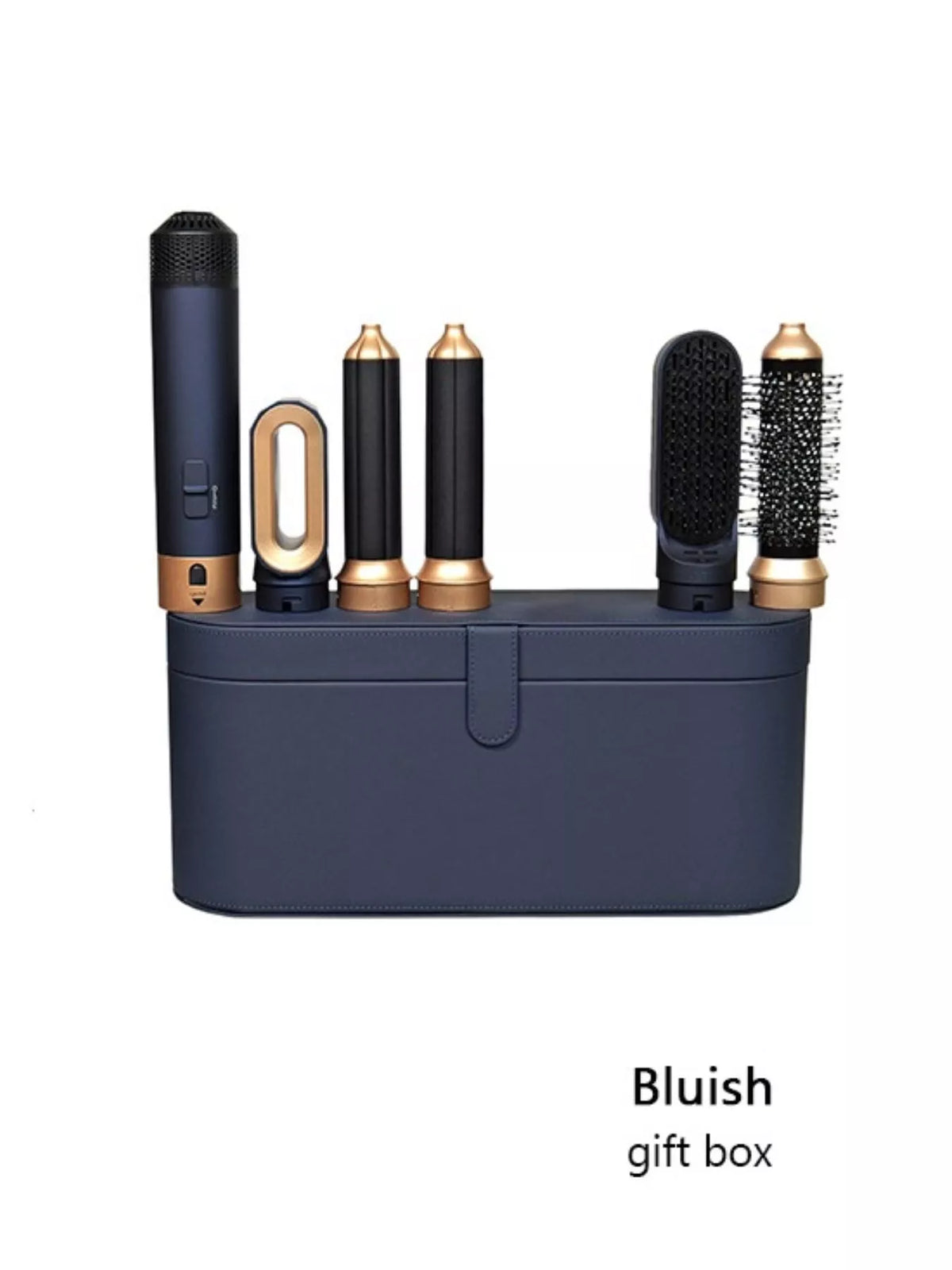 Interchangeable curling wand set in bluish gift box with black and gold attachment barrels