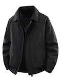 Men's black casual zip jacket with stand collar and front pockets
