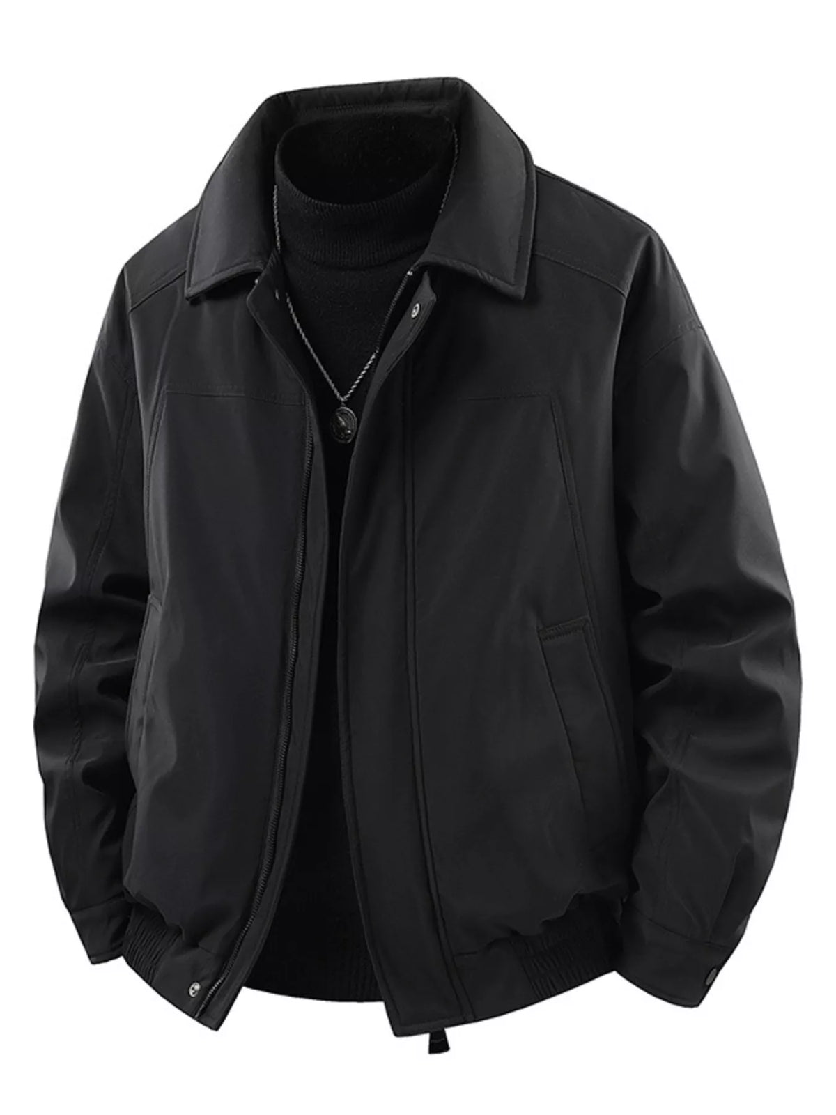 Men's black casual zip jacket with stand collar and front pockets
