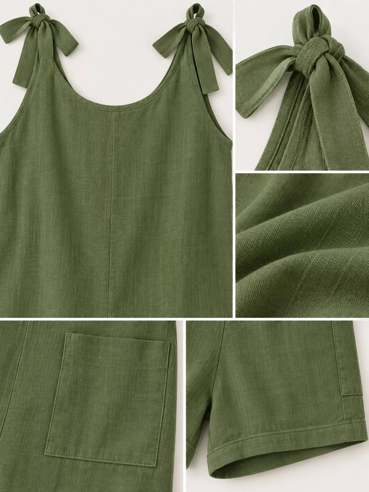 Green tie-shoulder bow romper close-up: tied straps, scoop neckline, and side pocket
