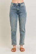 Light blue vintage-wash jeans with double roll cuff and straight leg