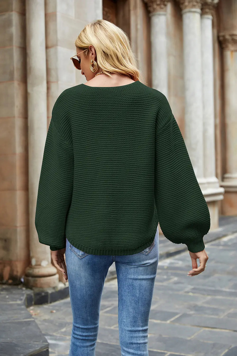 Round-neck lantern-sleeve sweater, army green, back view
