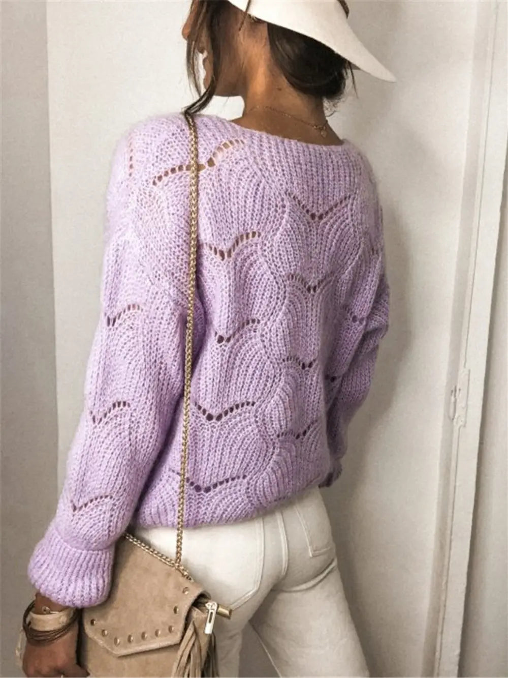 Lavender openwork button-up cardigan back view with long sleeves and knit eyelet pattern.