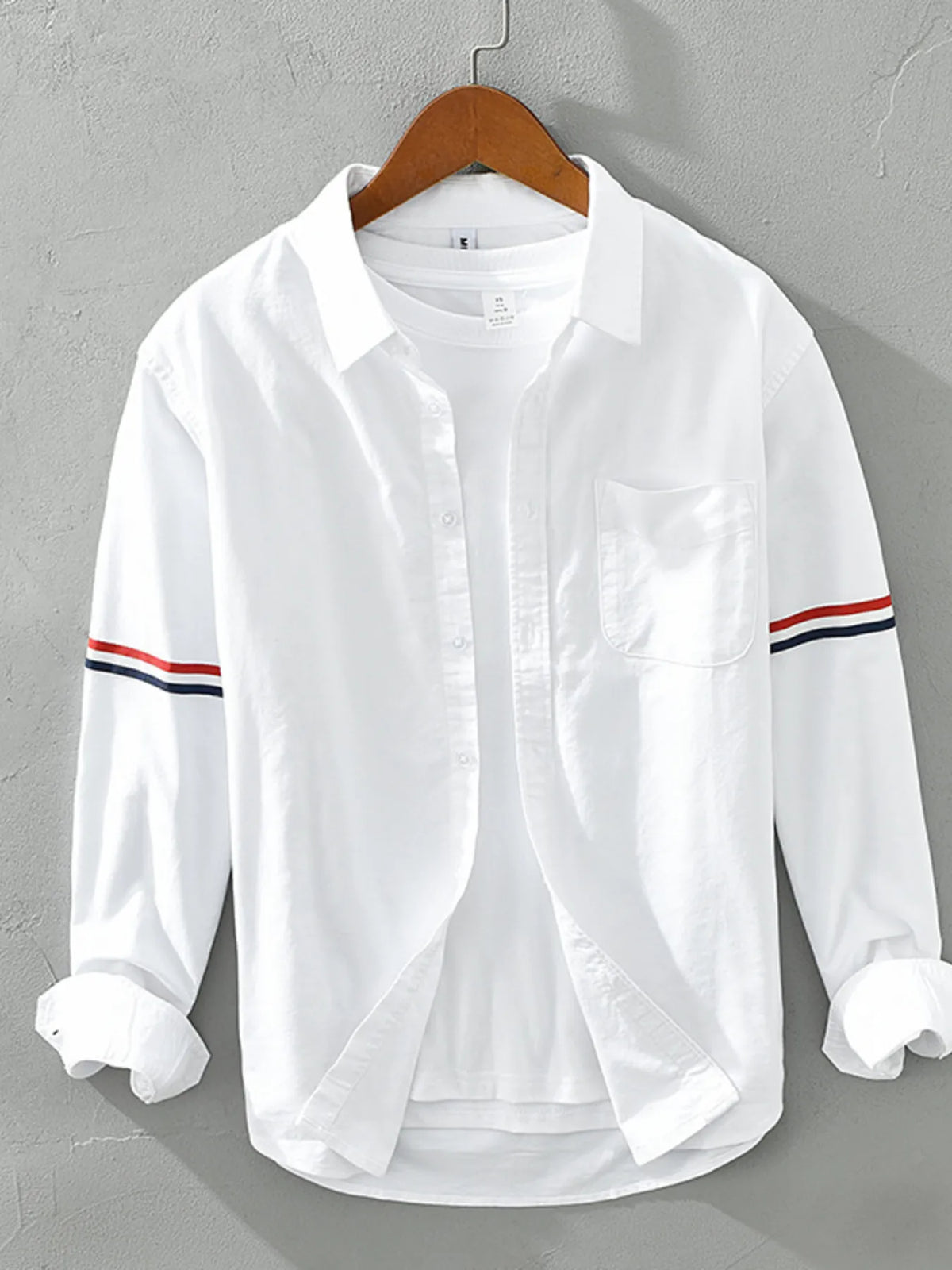 Men's classic long sleeve button-up shirt in white, with chest pocket and button front