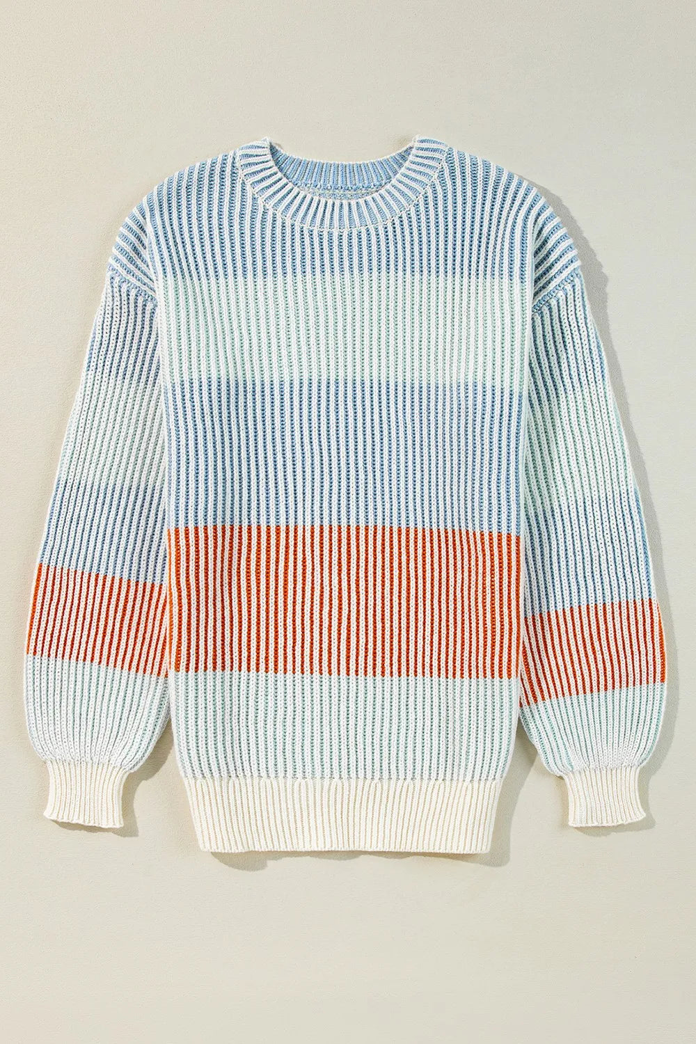 Color-block striped long-sleeve sweater in light blue, cream, and orange; ribbed cuffs