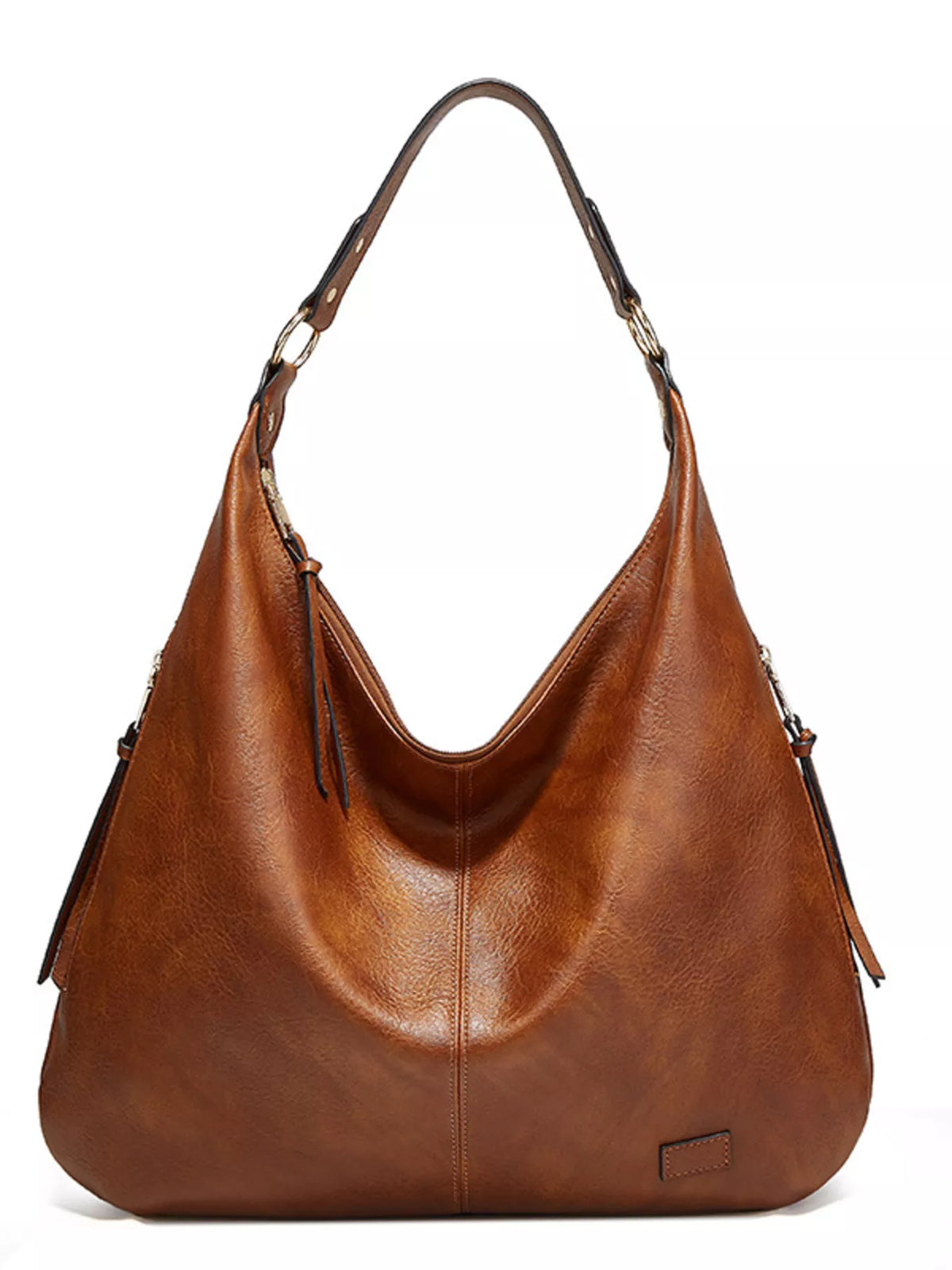 Large slouchy shoulder bag, brown vegan leather, curved hobo shape with tassel pulls