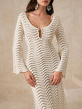 Apricot openwork crochet maxi knit dress with scalloped wave pattern and keyhole neckline