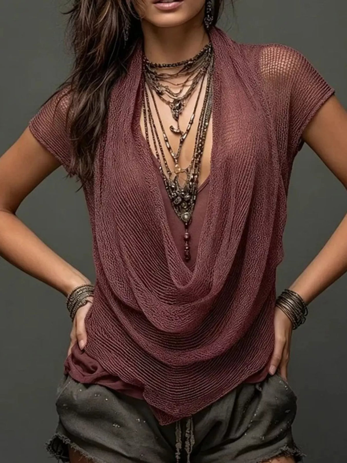 Burgundy sheer scoop-neck cowl cover tank set, draped layered neckline and sleeves