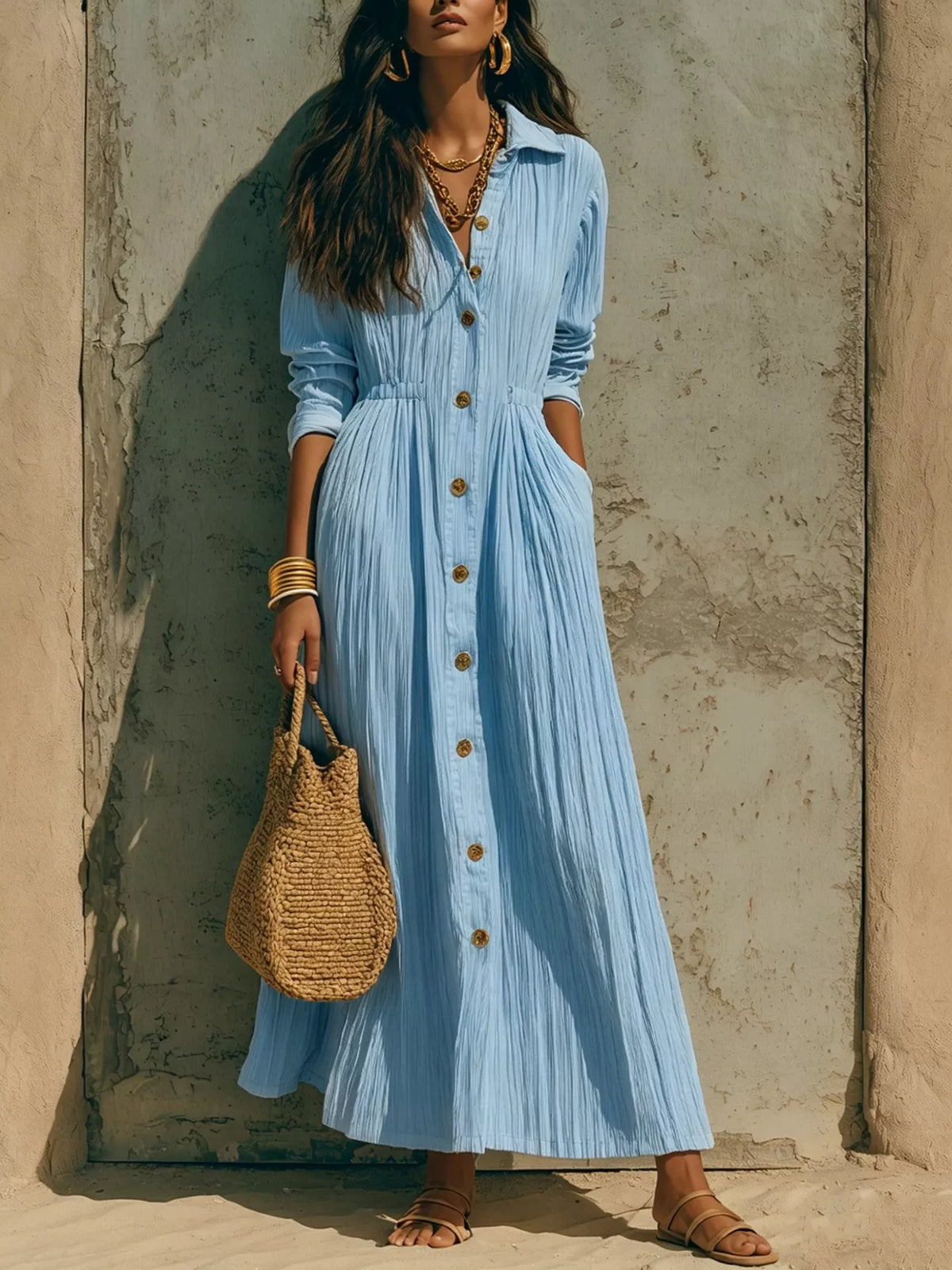Textured button-front long-sleeve maxi dress in sky blue, gathered waist and gold buttons