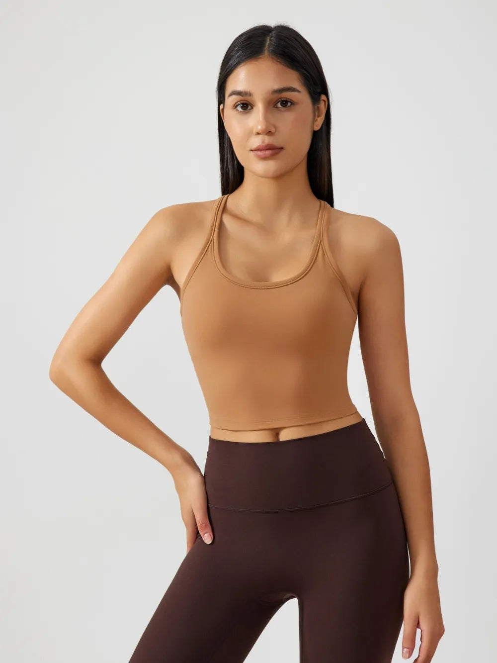 Caramel scoop neck active tank with racerback, fitted cropped athletic top.