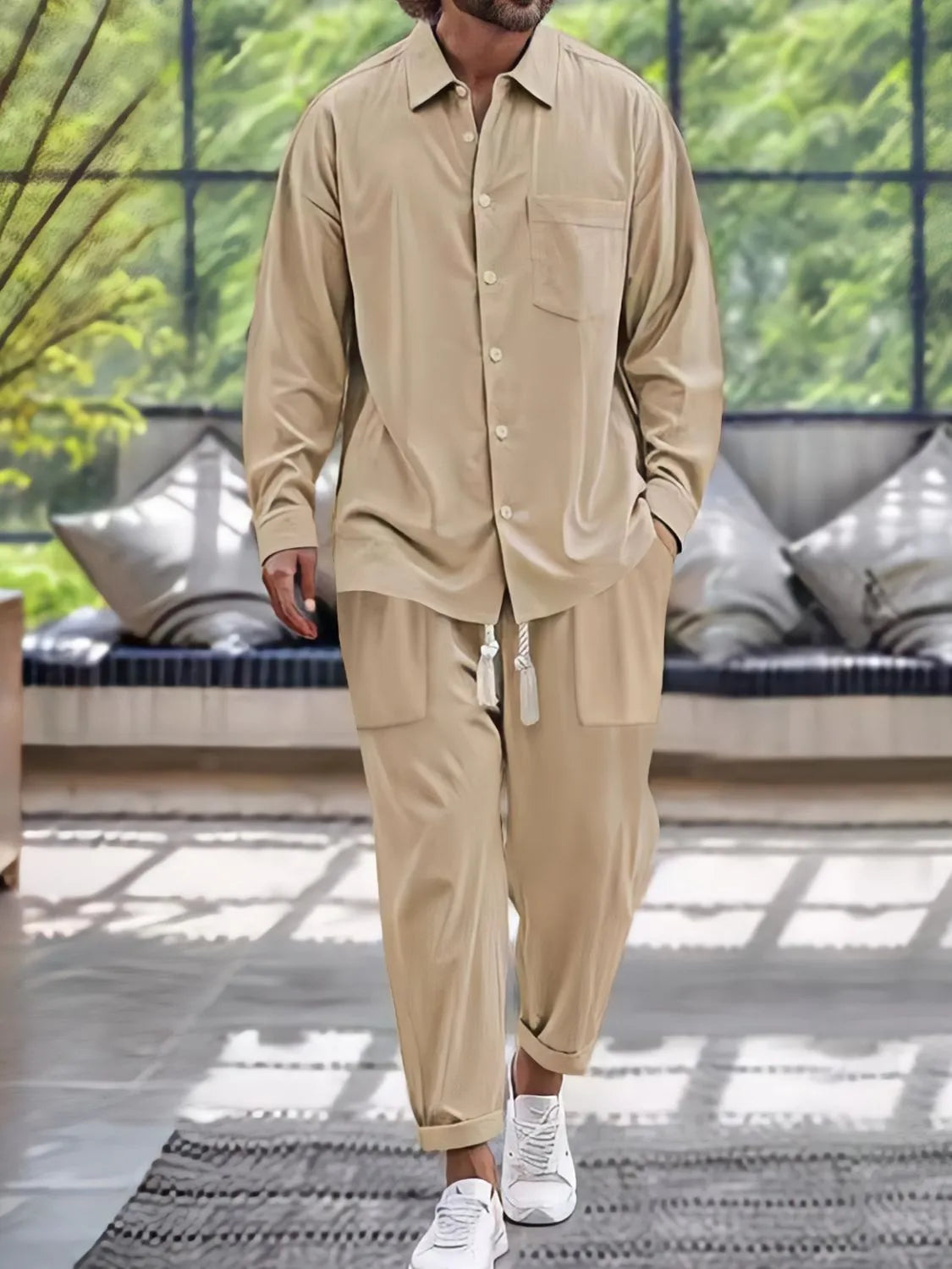 Khaki button-down shirt and pants set, chest pocket, ankle-length pants, drawstring