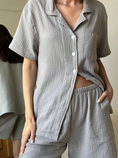 Gray short sleeve shirt and shorts set, button-up top with matching elastic waist