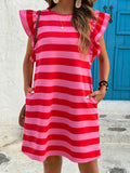 Striped ruffle-sleeve casual summer dress in pink and red with pockets