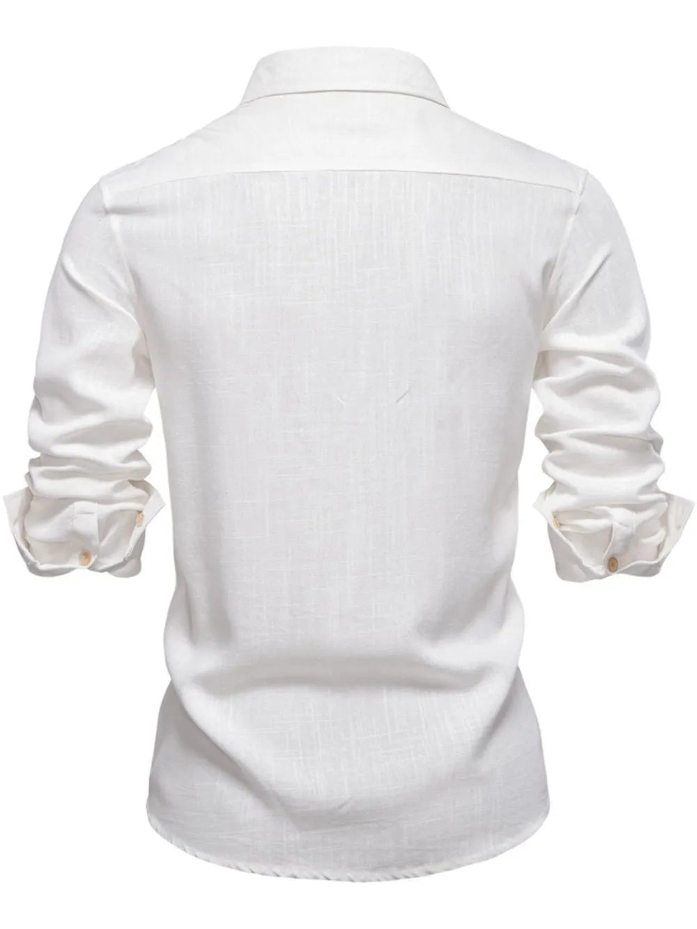 Men's button down shirt, white long-sleeve back view with collar and button placket