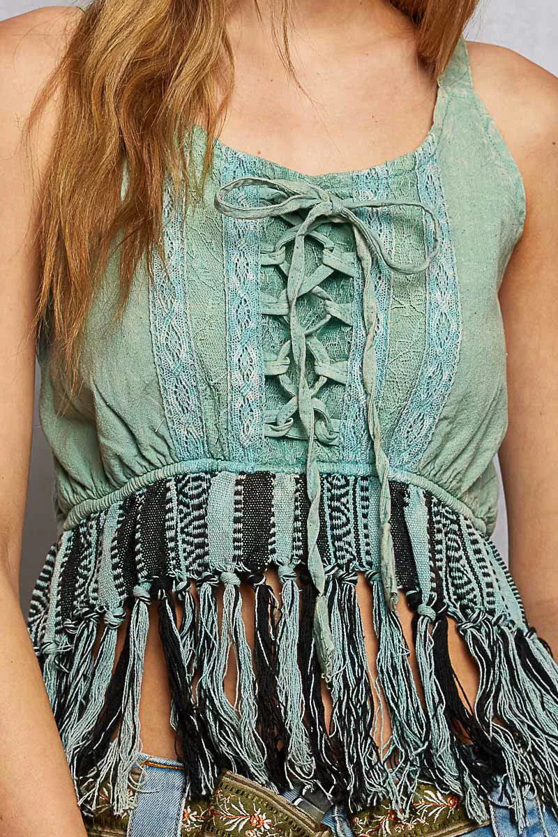 Cedar & Moore POL Lace-Up Fringe Hem Tank with Lace Detail, sage green lace top with front lace-up and fringe hem by Trendsi