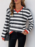 Contrast striped long sleeve hoodie in black, white, and red with hood and drawstring
