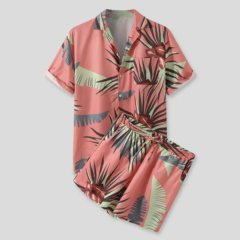 Men's button-up shirt and shorts set, pink tropical leaf print with button-front shirt