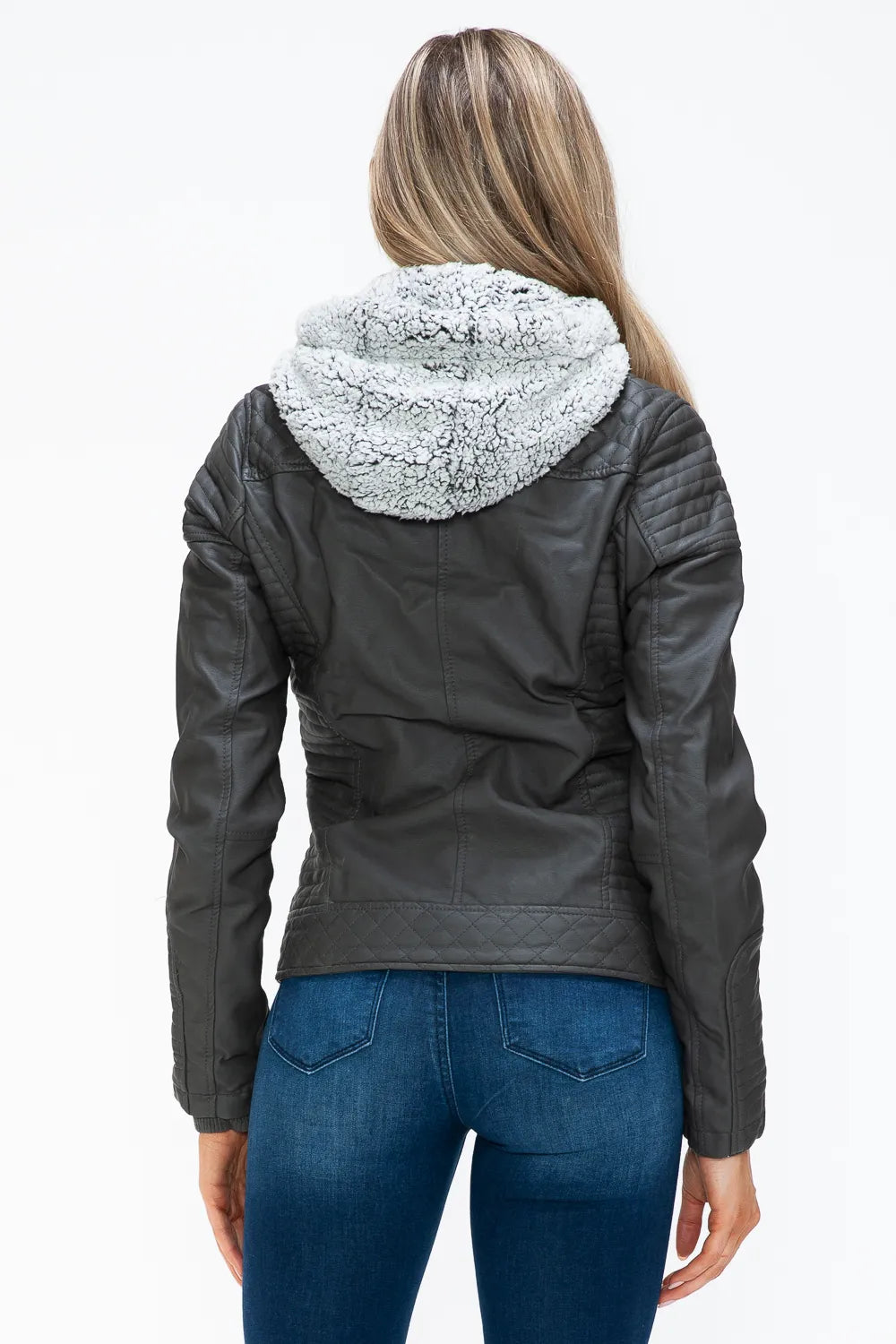 Charcoal zip jacket with fuzzy hood lining, shown from back.