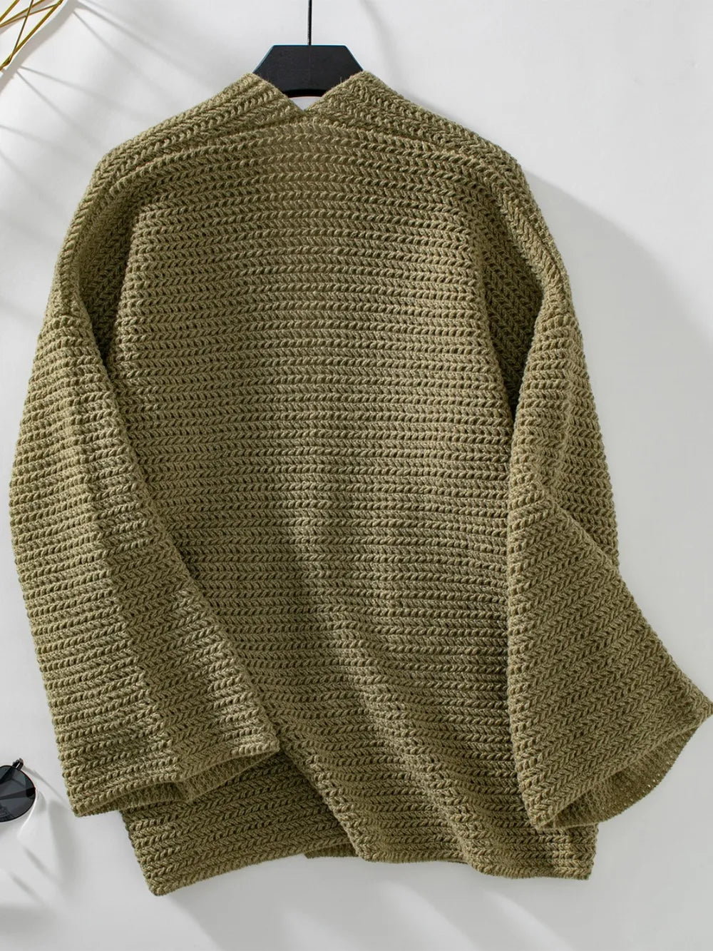 Moss open-front long sleeve cardigan on hanger, textured knit back view