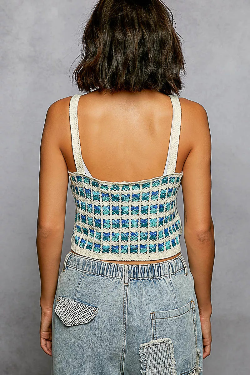 Cedar & Moore POL Cropped Crochet Cami with Scalloped Edge by Trendsi; cream straps, teal crochet grid, back view