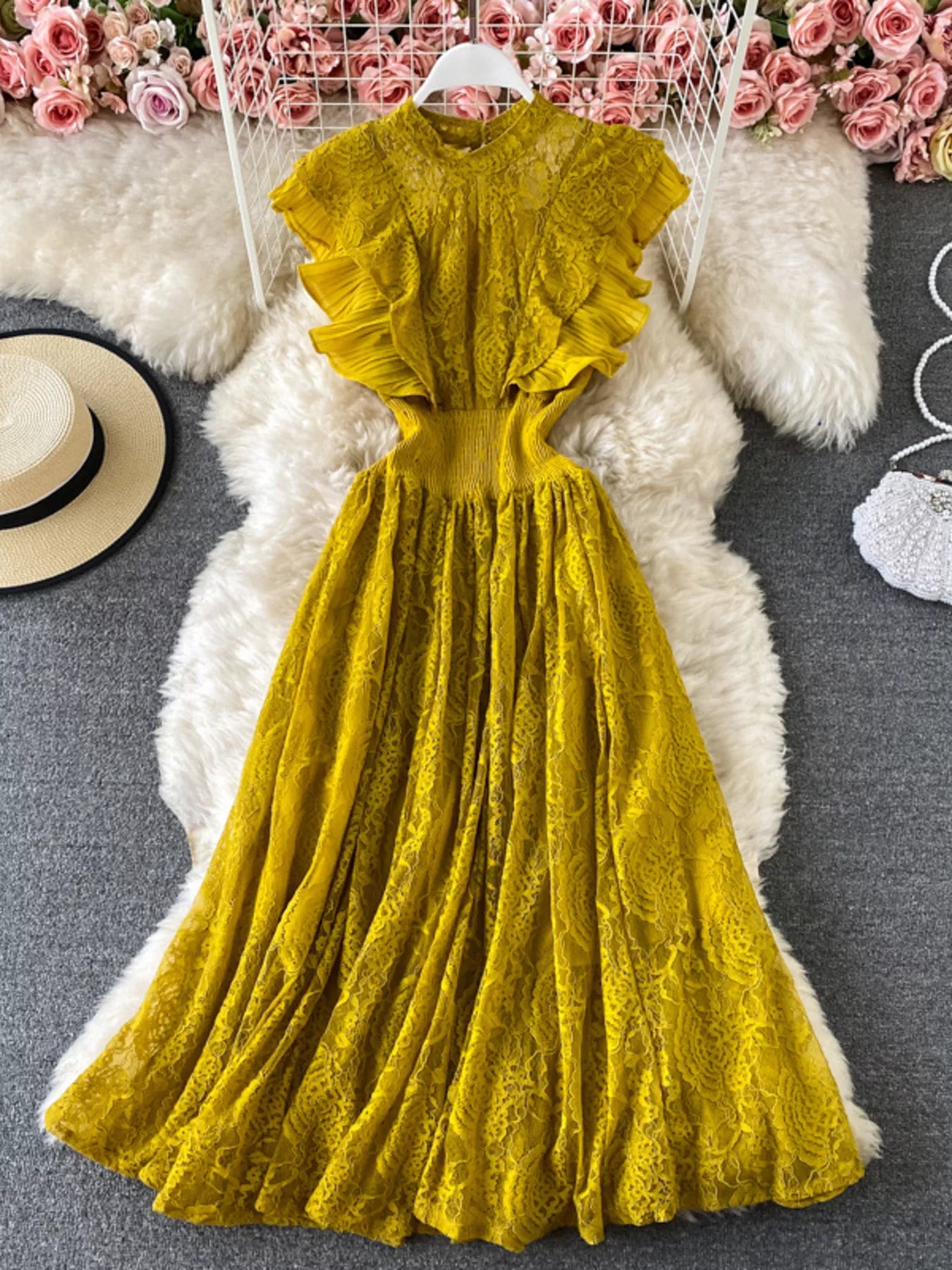 Cedar & Moore Ruffled Mock Neck Lace Maxi Dress in mustard yellow