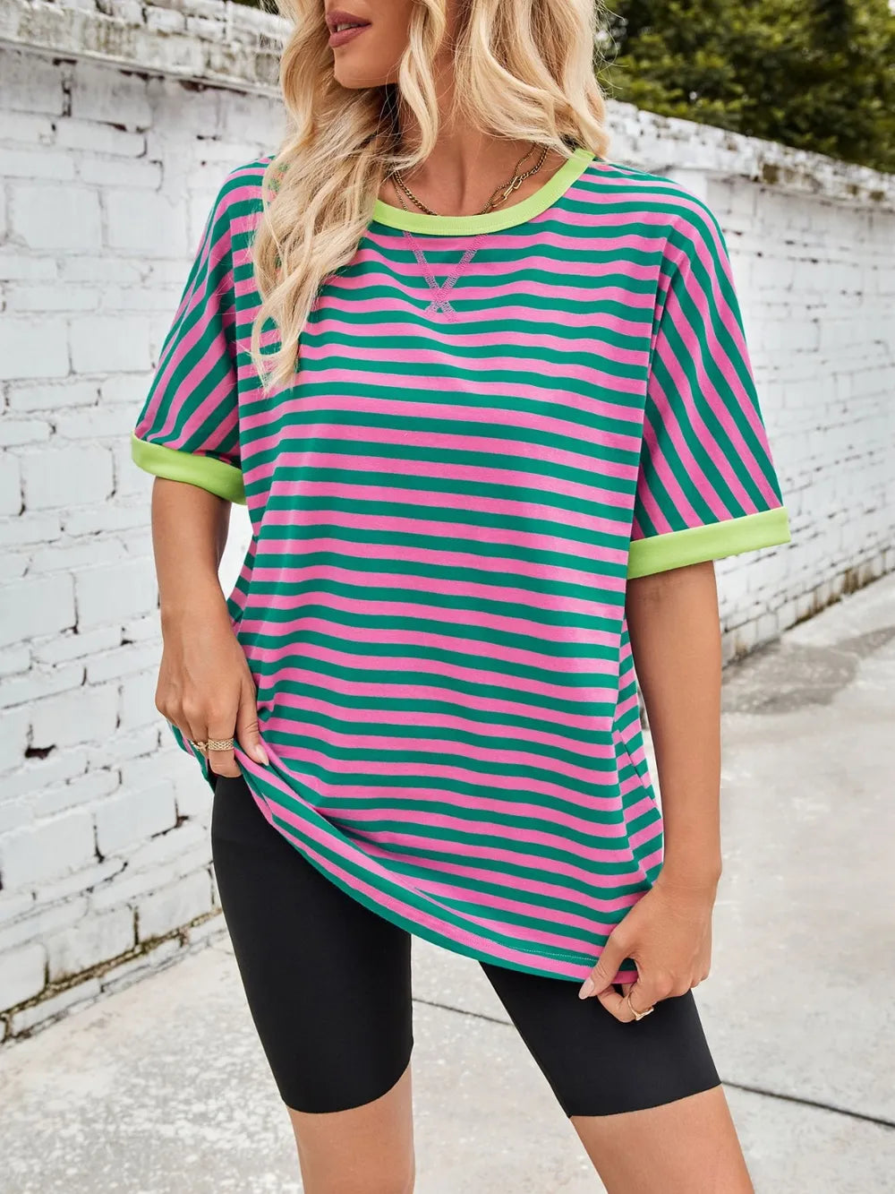 Striped round-neck half-sleeve T-shirt in green and white with yellow ribbed trim