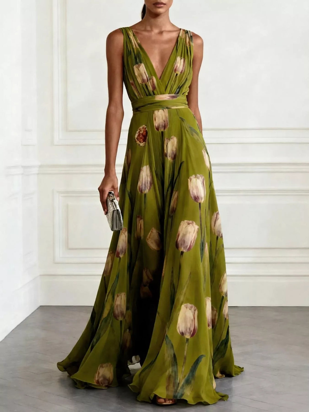Olive green sleeveless maxi dress with floral print, V-neck, and ruched waist