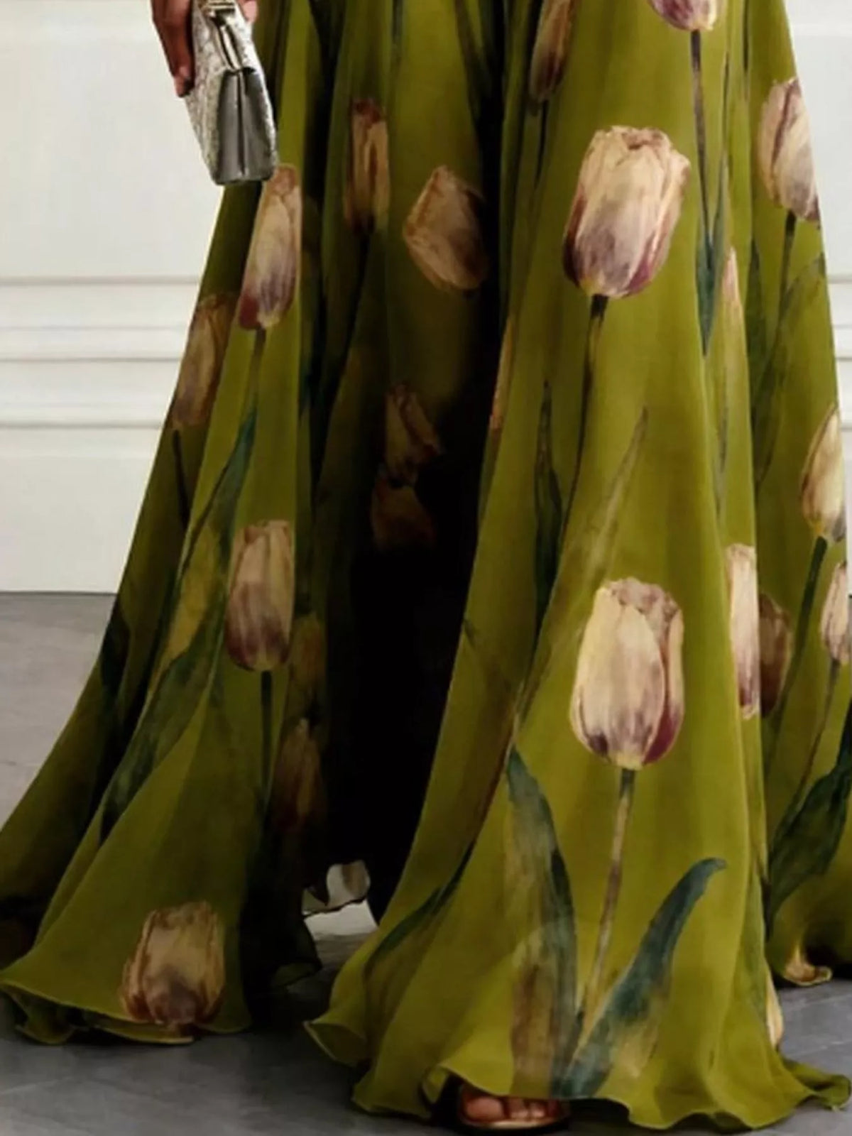 Olive green floral print maxi skirt with flowing fabric and ruched waist
