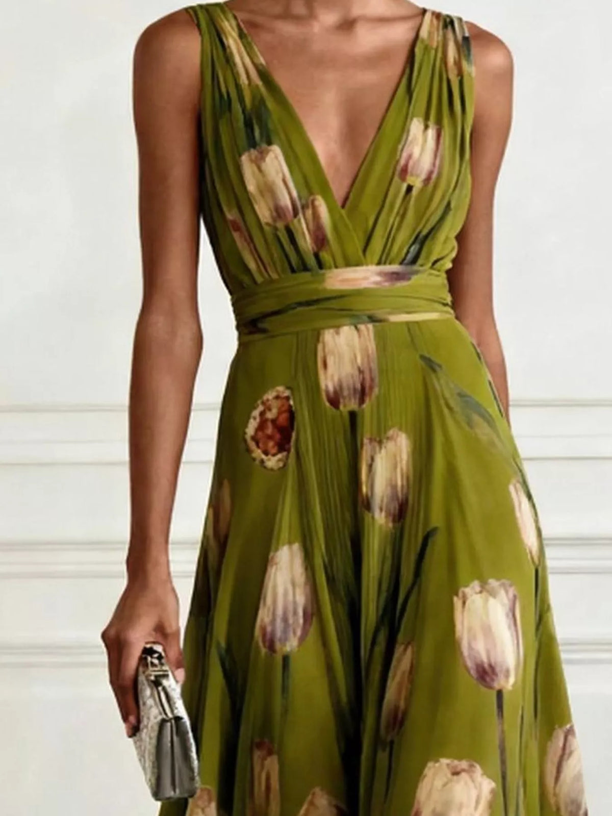 Olive green sleeveless floral maxi dress with V-neck and ruched waist