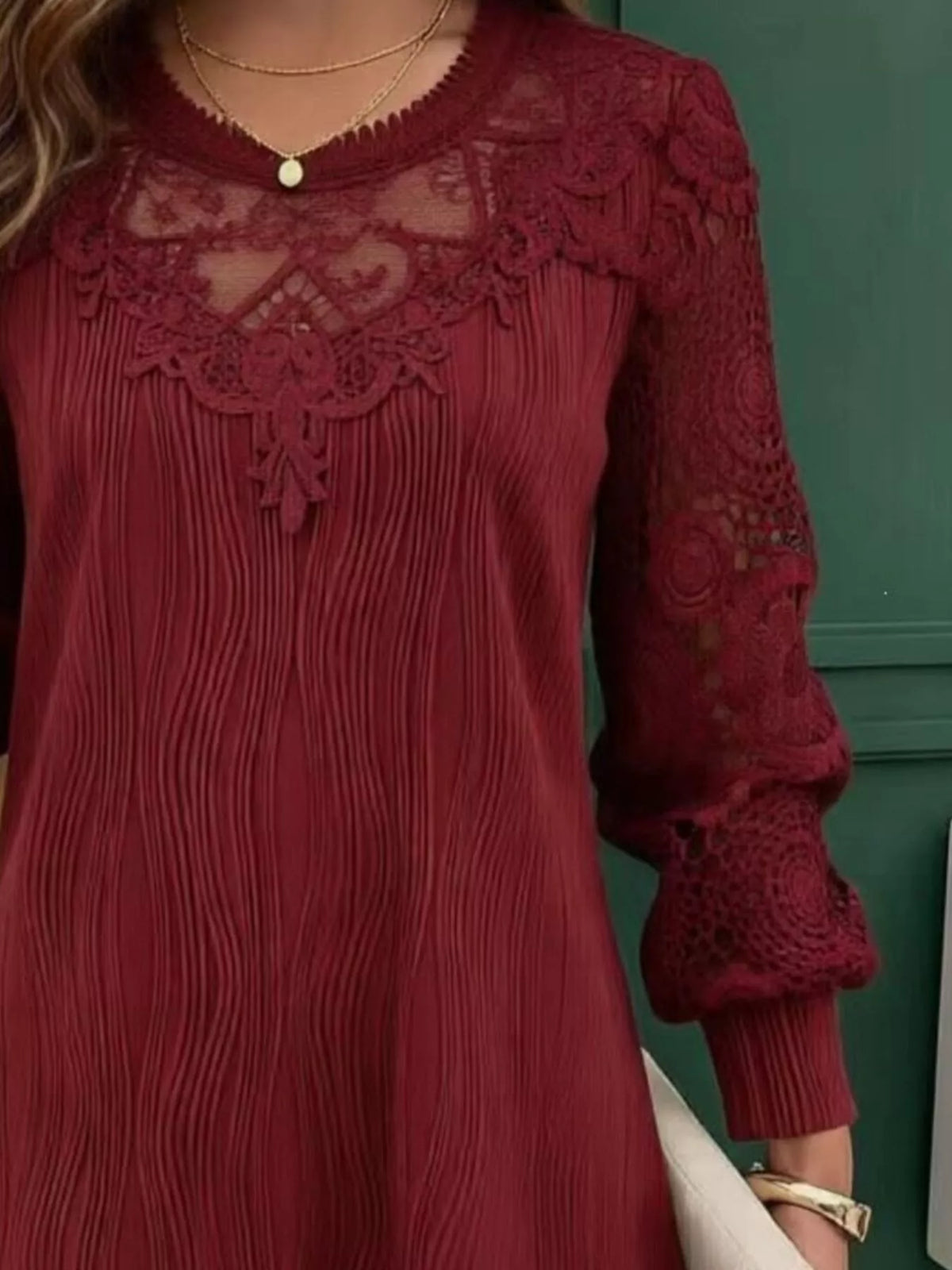Burgundy lace patchwork long-sleeve blouse with lace shoulders and pleated vertical stripes