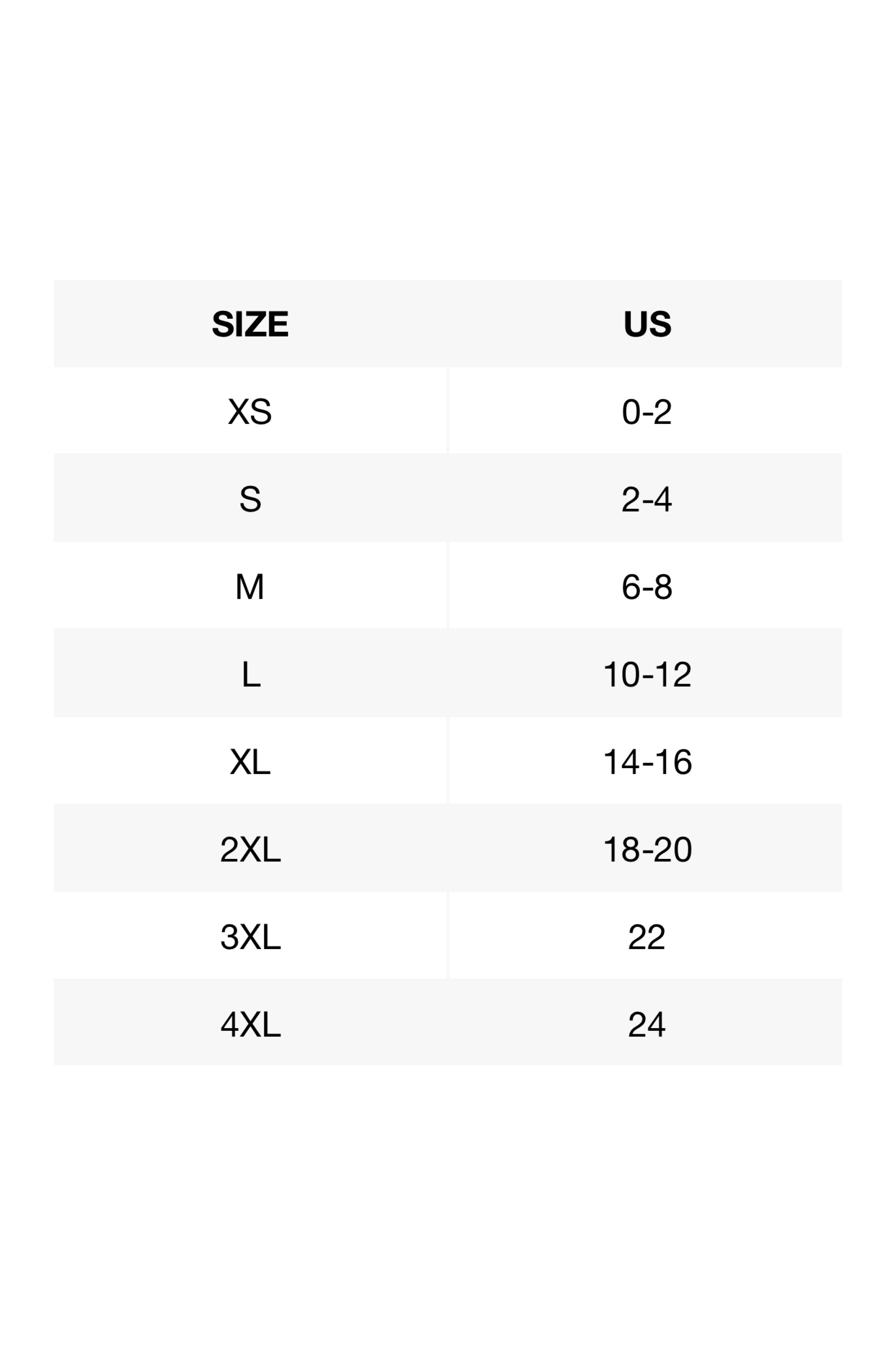 Sports bra size chart with size and US sizing ranges