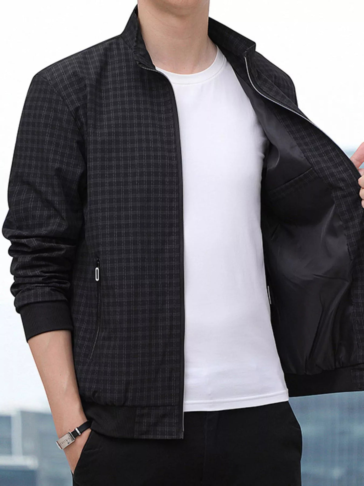 Men's plaid zip-up lightweight jacket, dark charcoal check, front zip, black inner lining.