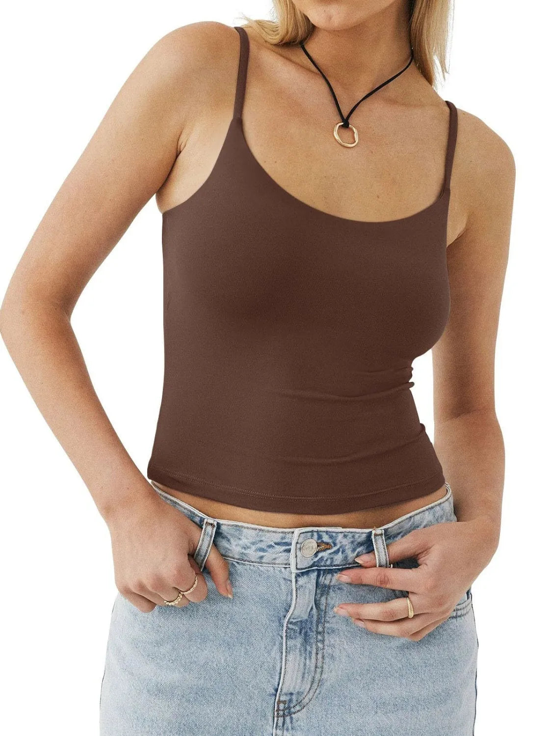 Brown scoop neck cami top with thin straps, sleeveless fitted ruched front