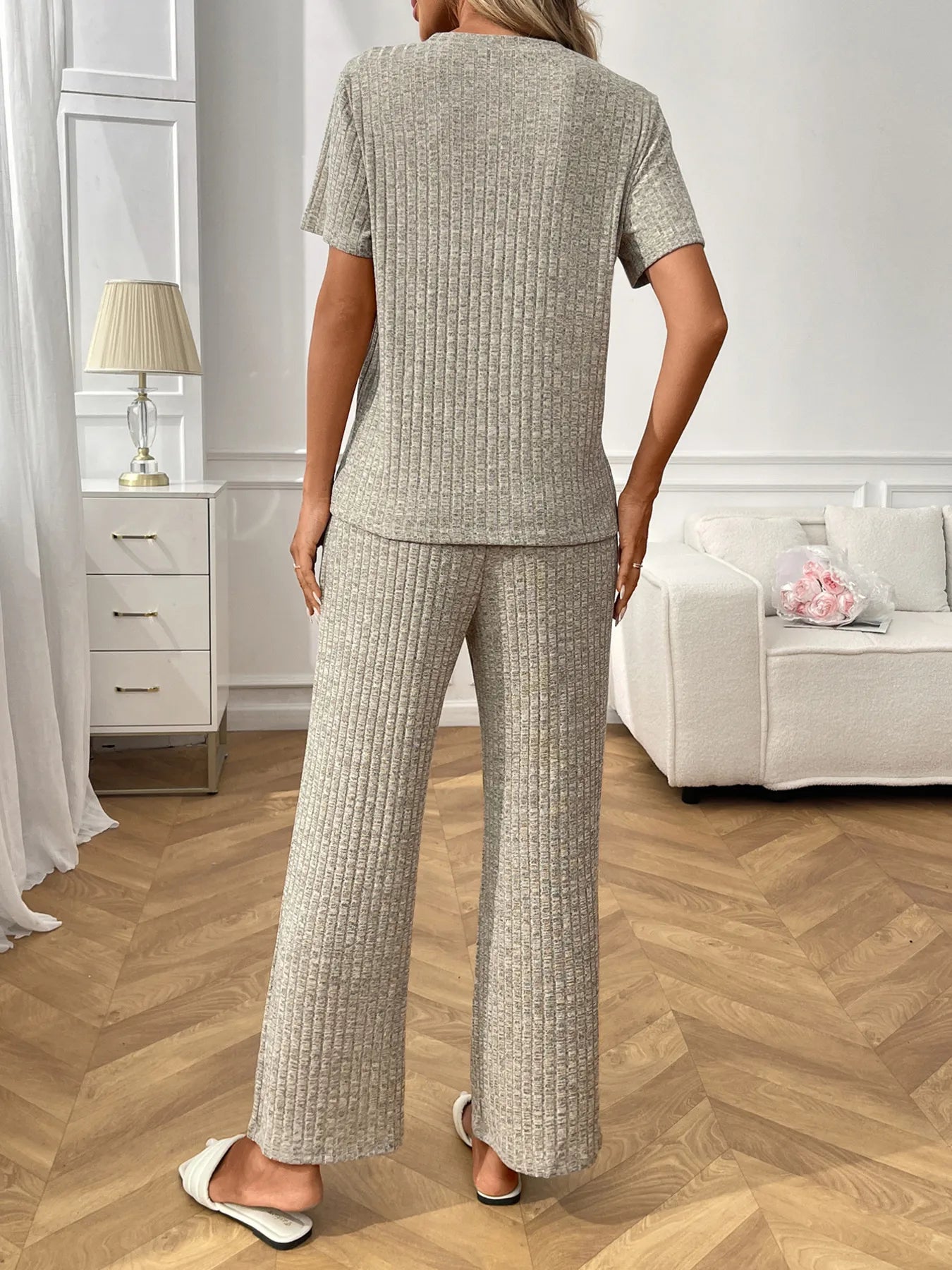 Ribbed knit lounge set with short-sleeve top and wide-leg pants, heather gray, back view