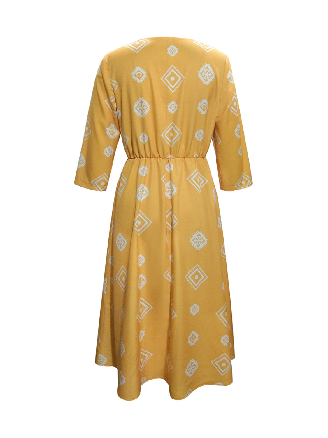 Yellow notched neck dress, back view, white geometric diamond print, gathered waist