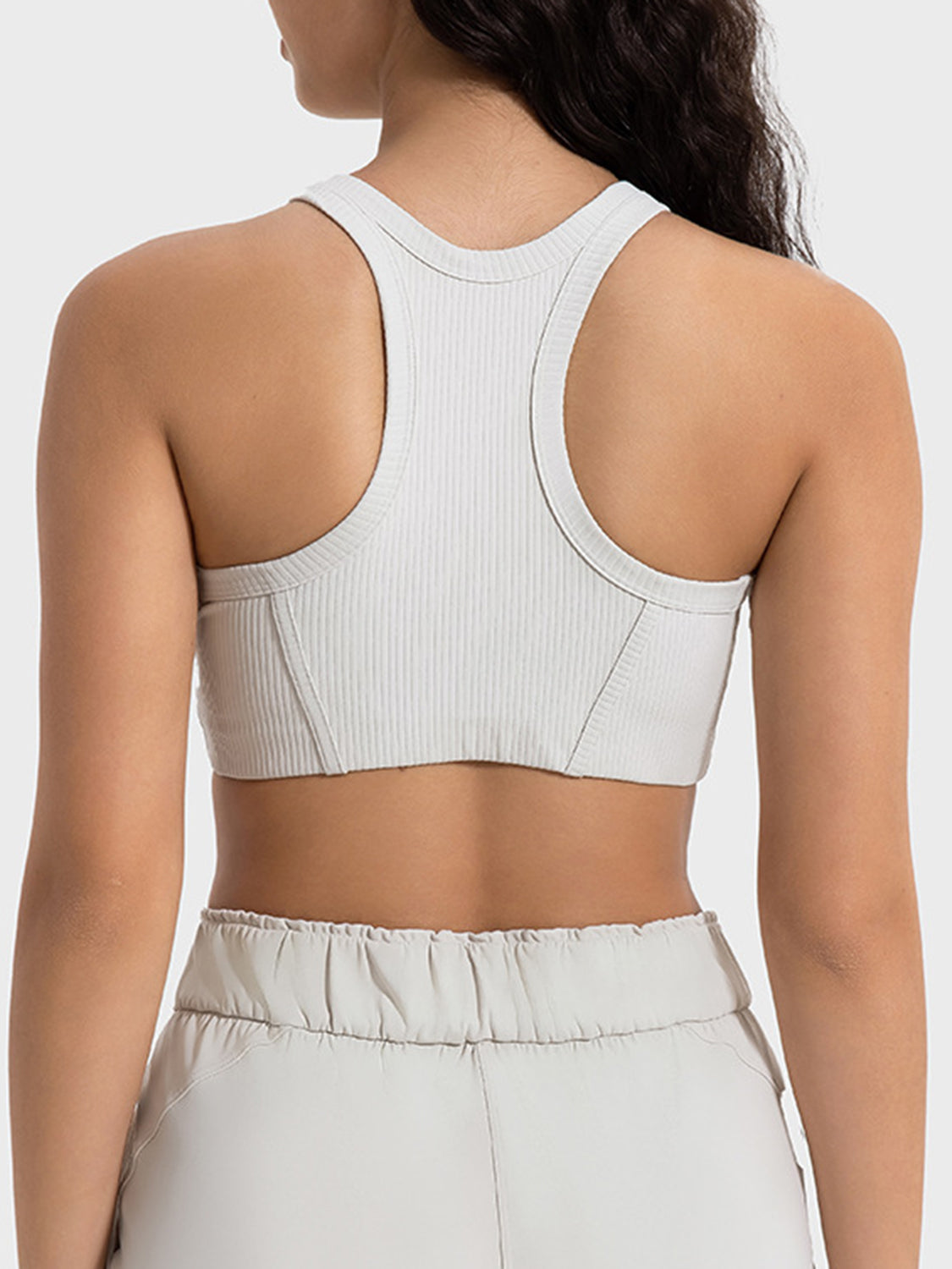 White cropped sport tank, open back with wide straps and ribbed knit