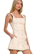 Oatmeal tie-back romper with square neckline and wide shoulder straps