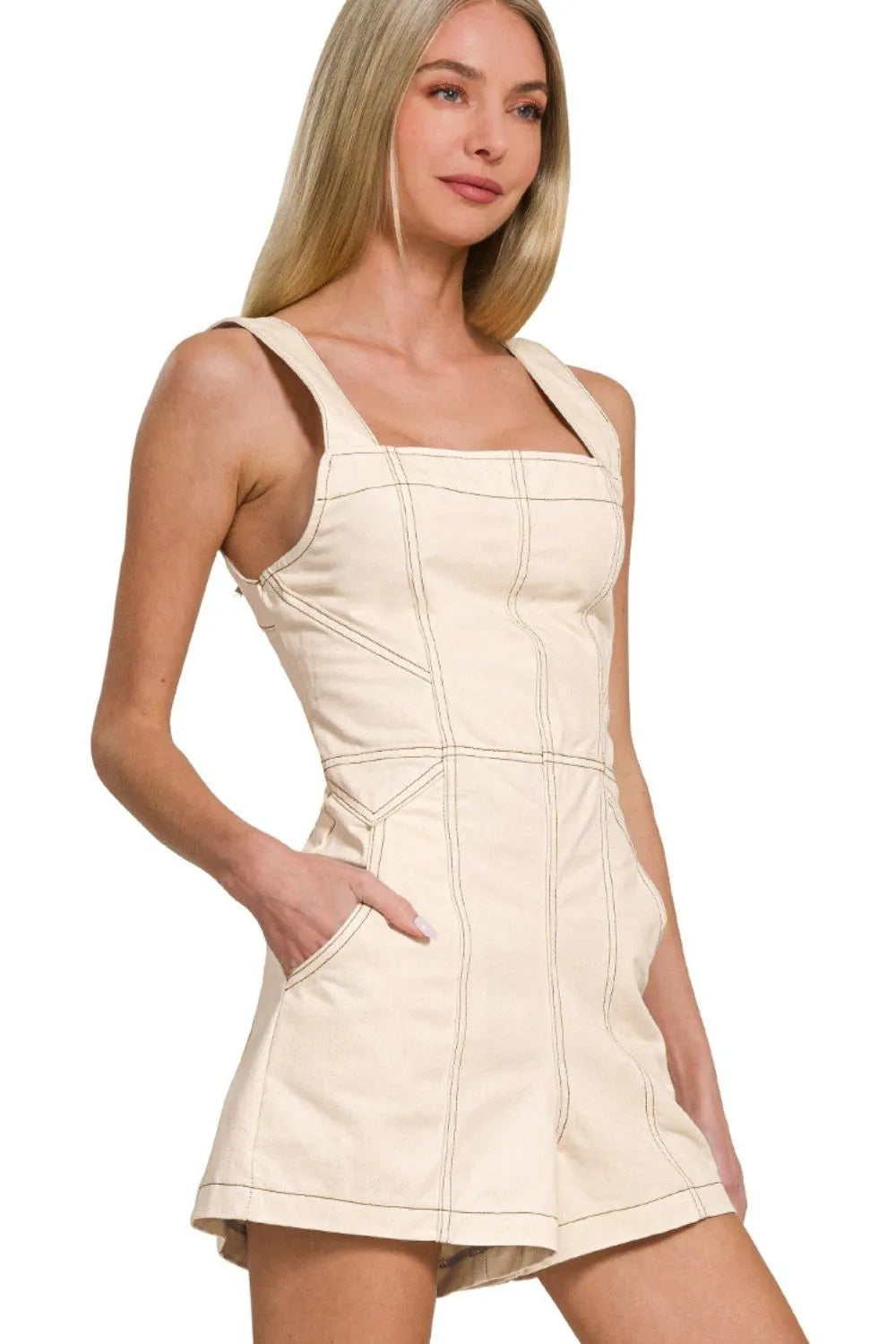 Oatmeal tie-back romper with square neckline and wide shoulder straps