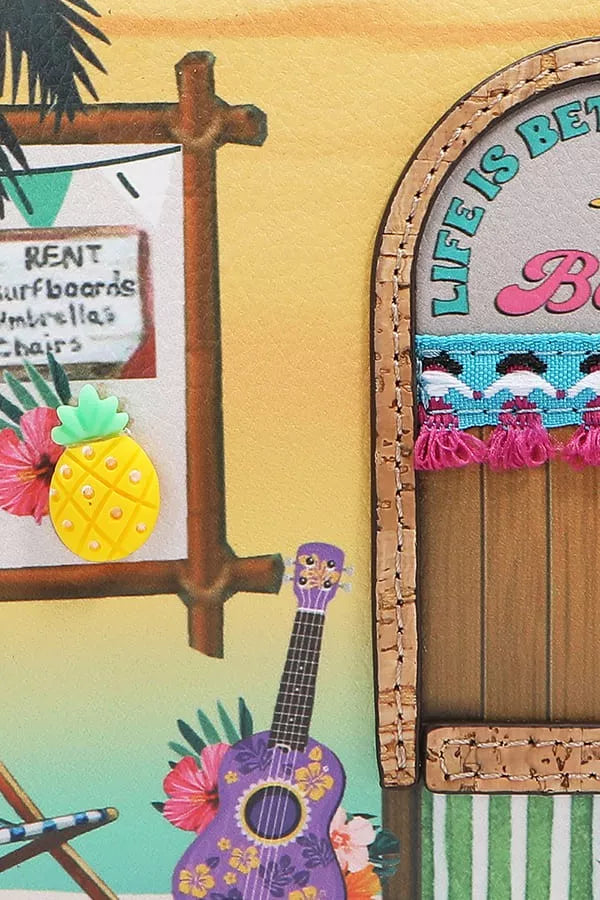 Beach-themed patch with guitar and "LET'S BE" sign above striped trim.