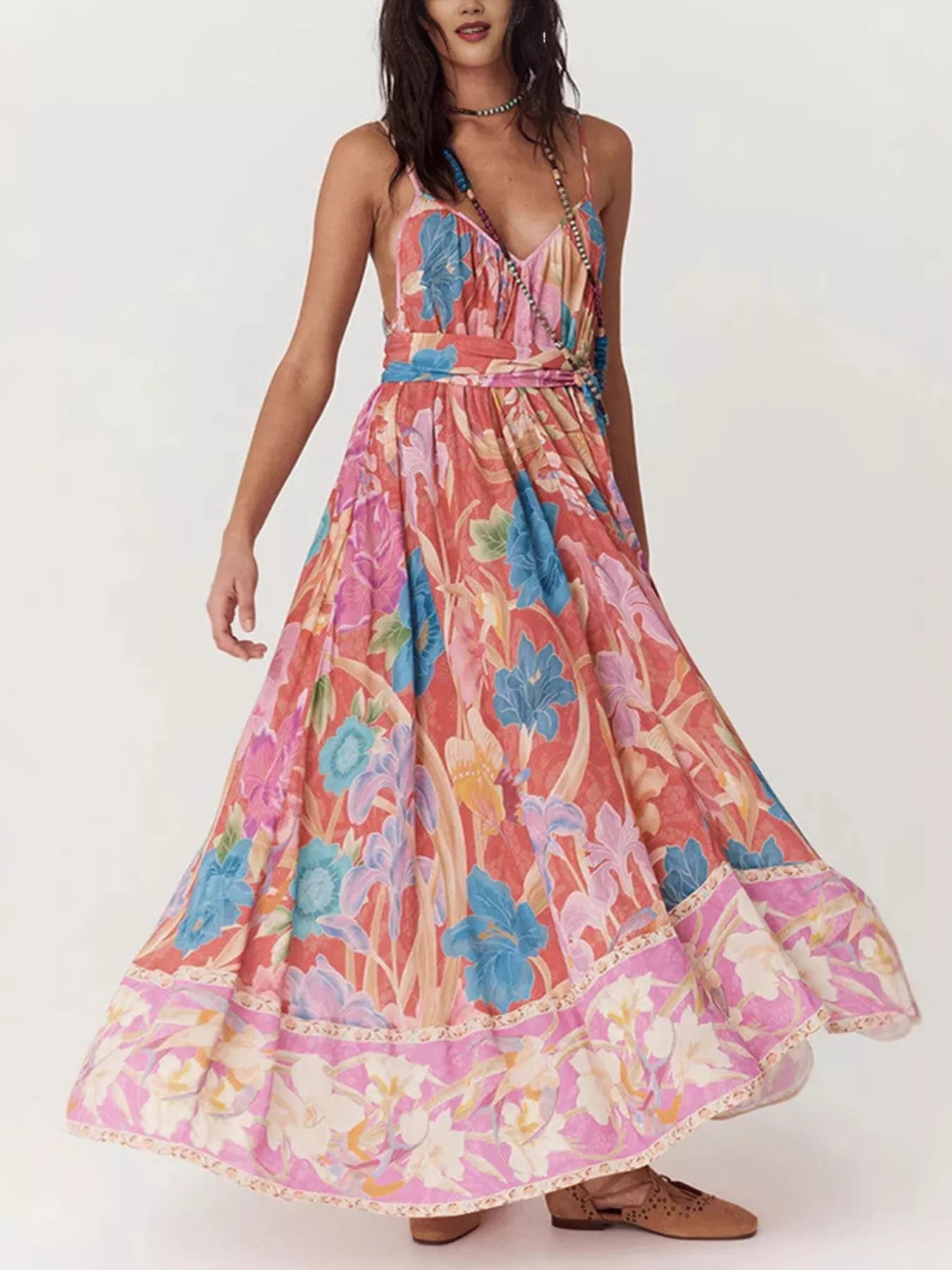 Floral Print Spaghetti Strap Maxi Dress by Trendsi, pastel pink with blue flowers, belted waist