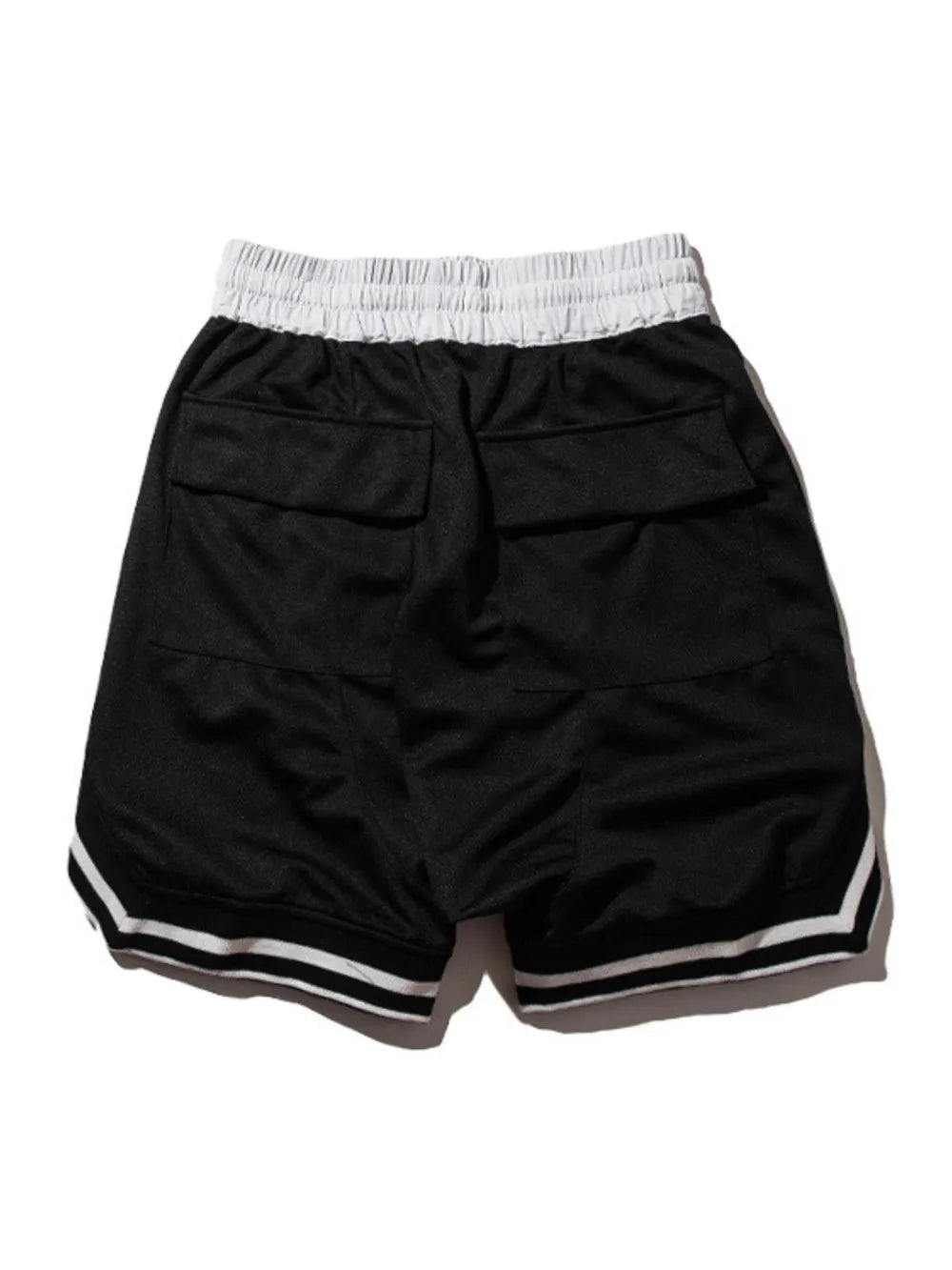Black drawstring casual shorts with white-trim hem and back pocket details