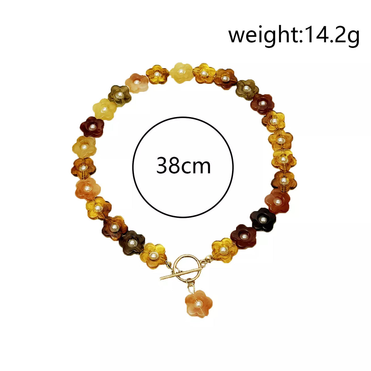 Gold beaded necklace with retro resin flower charms and a small flower pendant