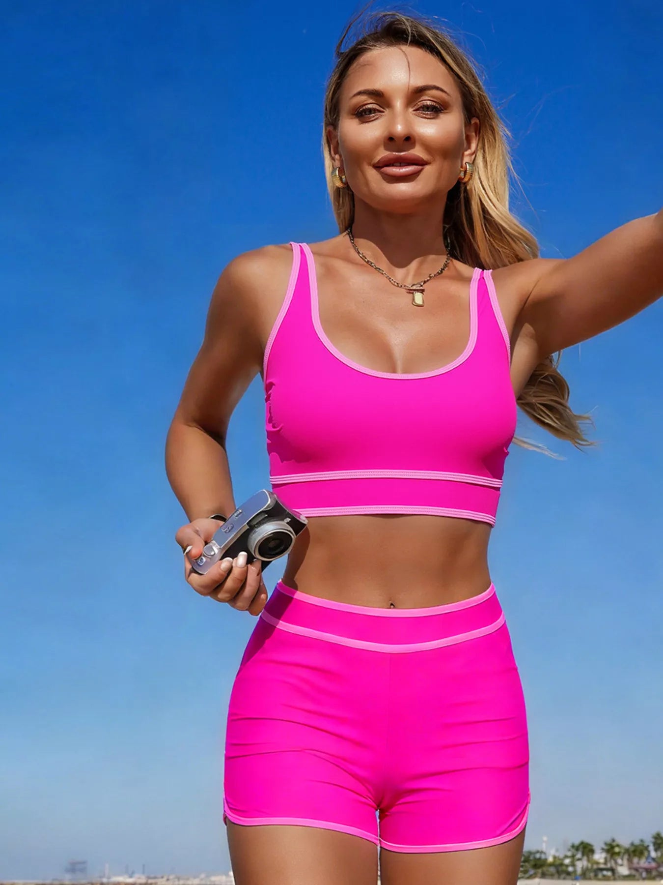 Contrast Trim Scoop Neck Swim Set by Trendsi in hot pink with light pink trim, worn by woman