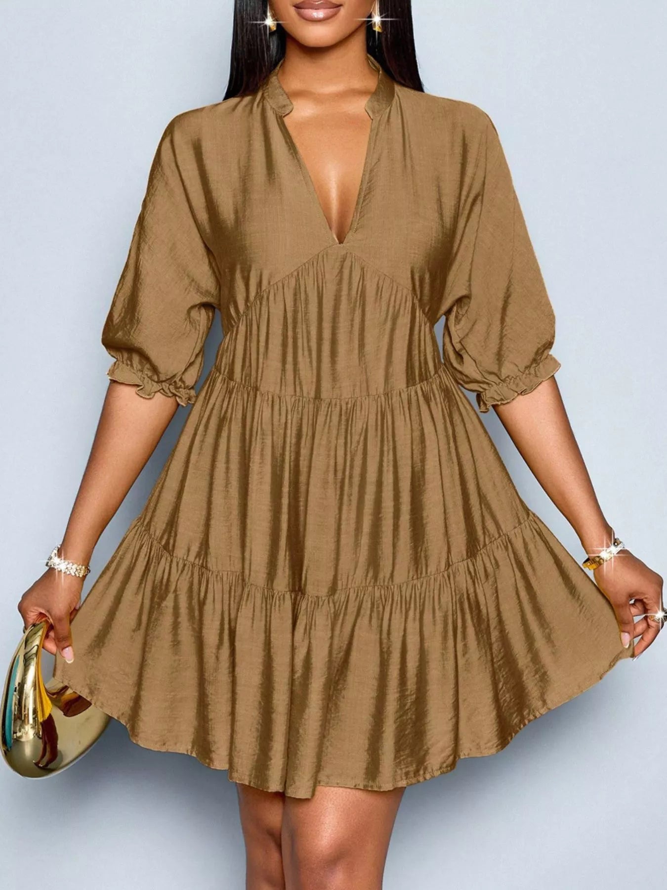 Brown notched tiered dress with half sleeves and gathered ruffle skirt tiers