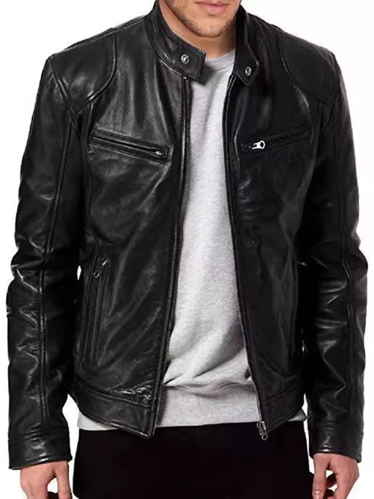 Men's black zip-up vegan leather jacket, front view with zip pockets and stand collar